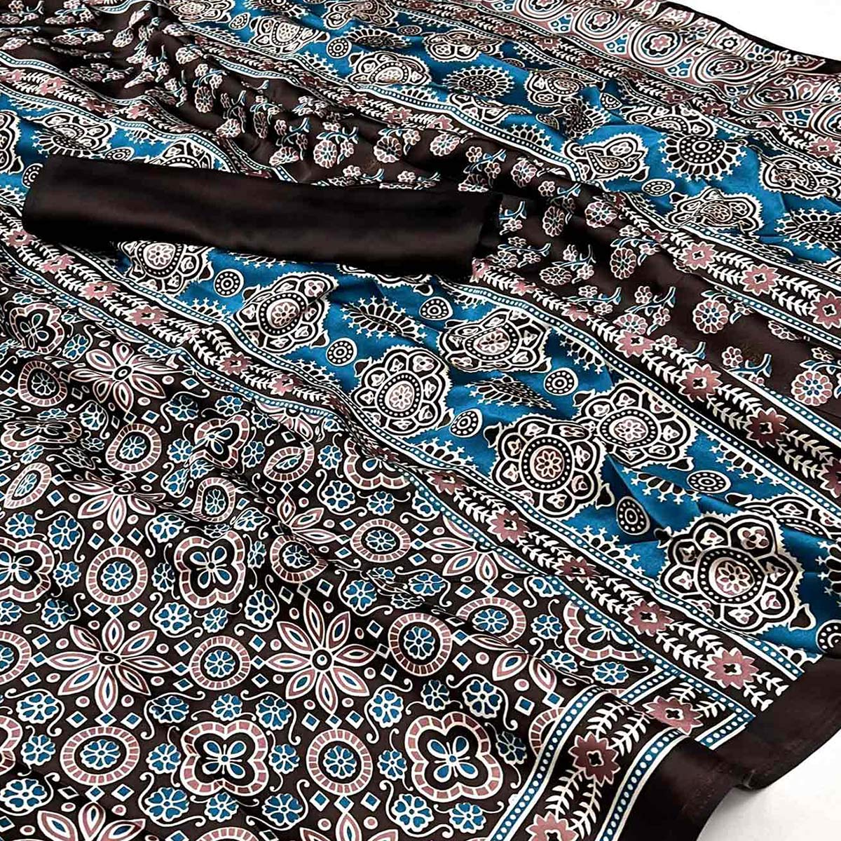 Brown Ajrakh Printed Satin Saree