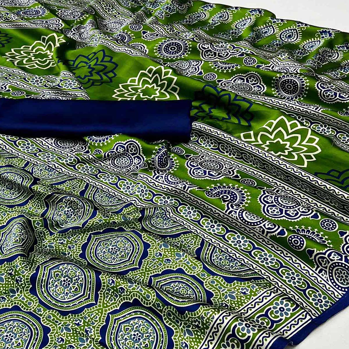 Green Ajrakh Printed Satin Saree