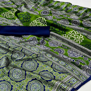 Green Ajrakh Printed Satin Saree