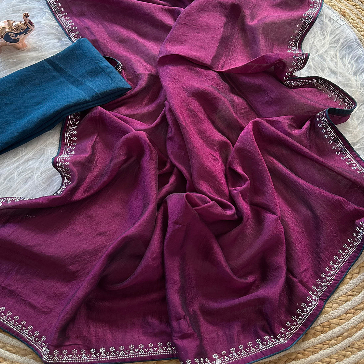 Magenta Partywear Vichitra Silk Saree Featuring Exquisite Swarovski Stone Work