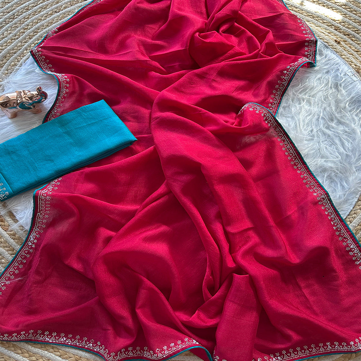 Pink Partywear Vichitra Silk Saree Featuring Exquisite Swarovski Stone Work