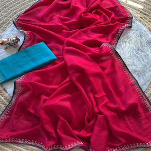 Pink Partywear Vichitra Silk Saree Featuring Exquisite Swarovski Stone Work