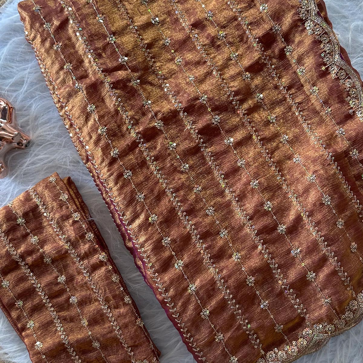 Elegant Dusty Peach Silk Saree Adorned With Floral Sequins Embroidery & Cutwork Zari Border