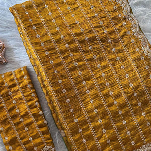 Elegant Golden Silk Saree Adorned With Floral Sequins Embroidery & Cutwork Zari Border