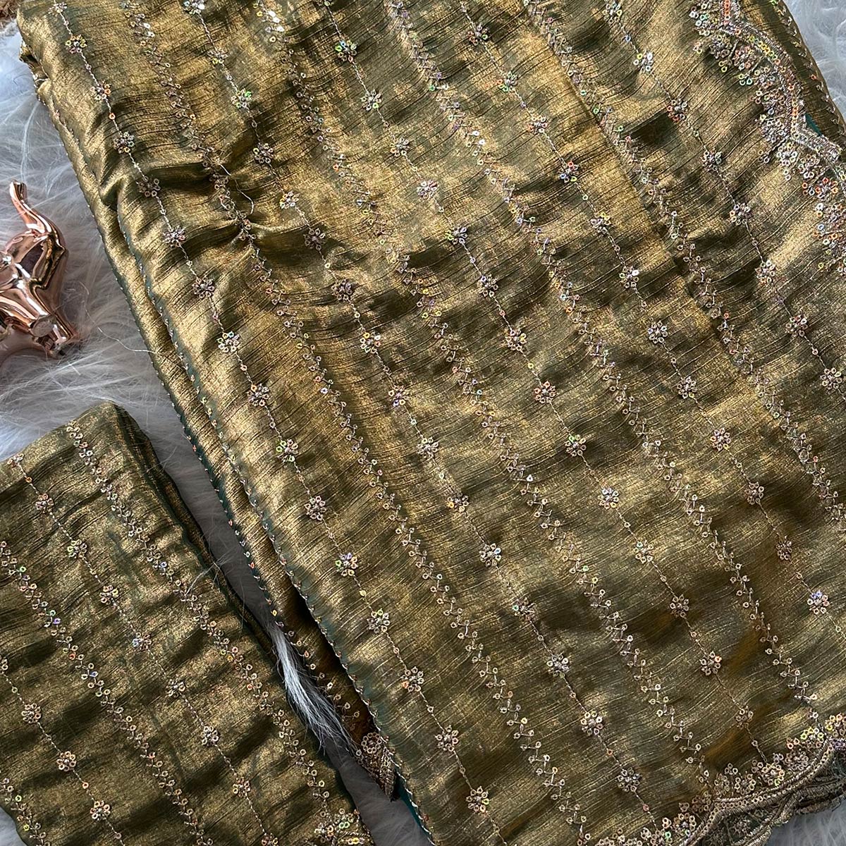 Elegant Green Silk Saree Adorned With Floral Sequins Embroidery & Cutwork Zari Border