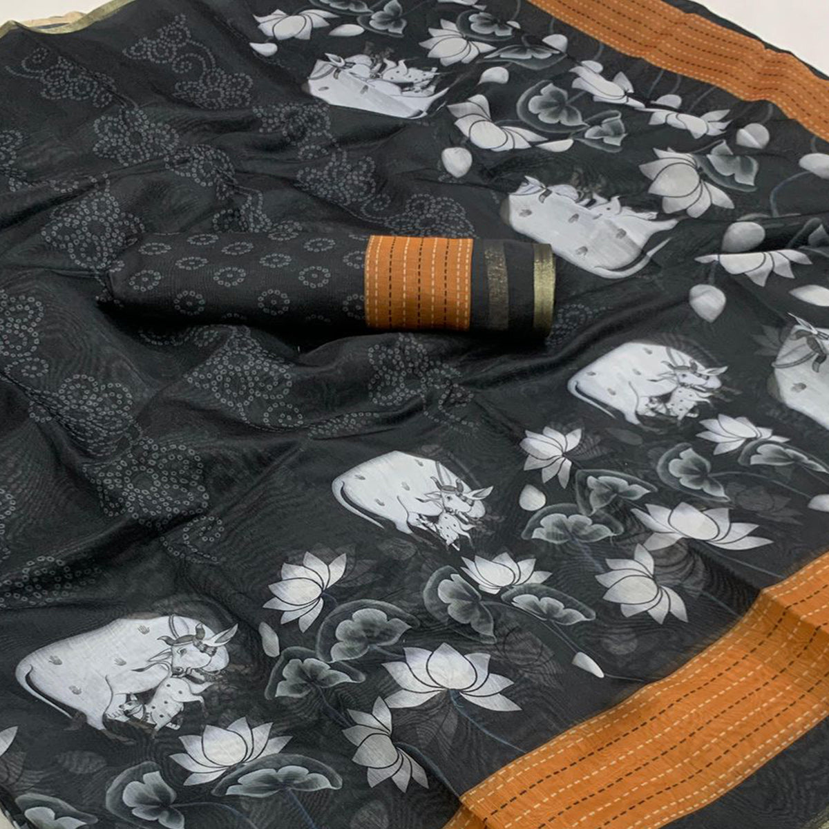 Black & Brown Printed Chanderi Saree
