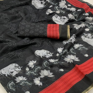 Black & Red Printed Chanderi Saree