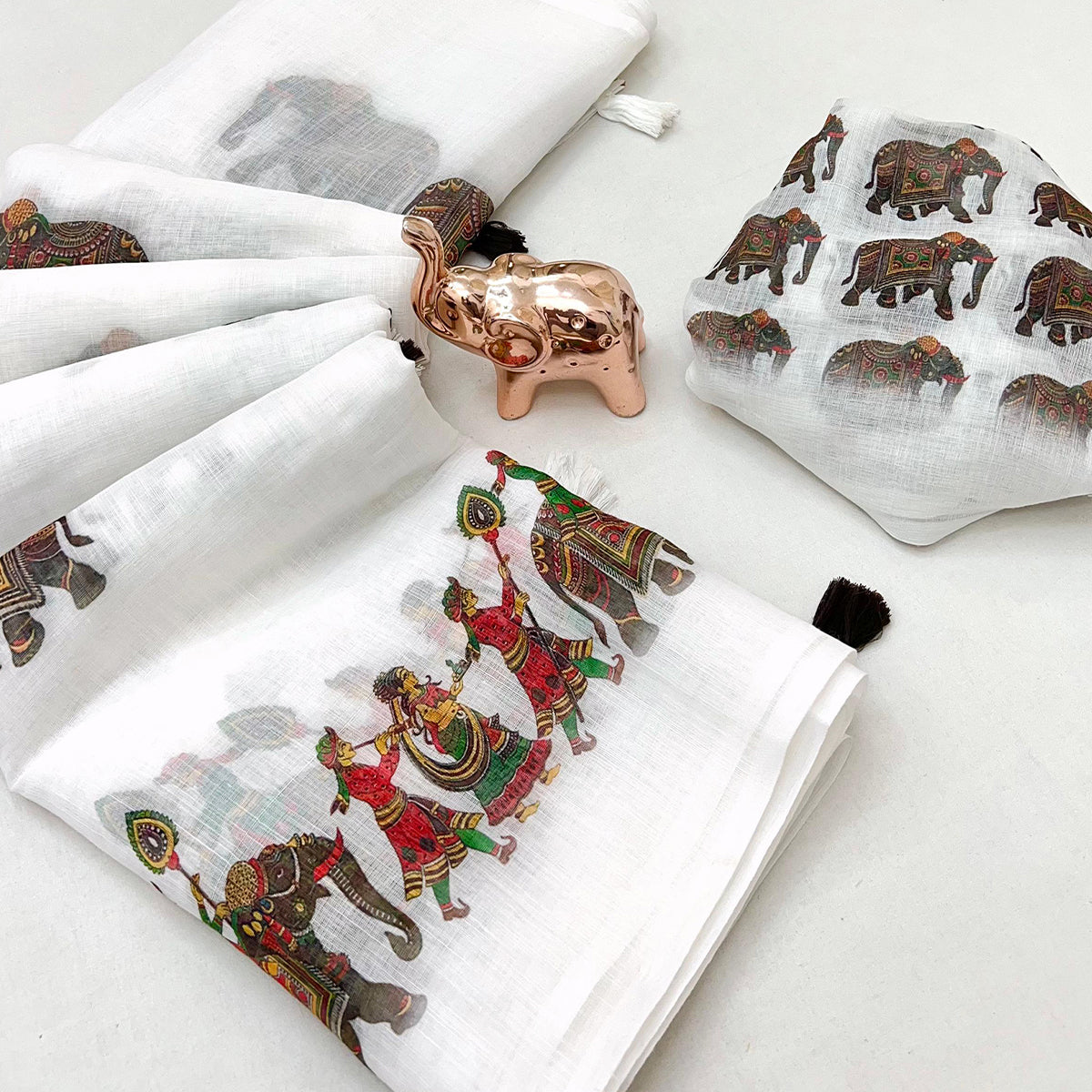 Soft & Comfortable White Linen Saree with Modern Printed Styling