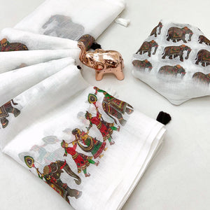 Soft & Comfortable White Linen Saree with Modern Printed Styling