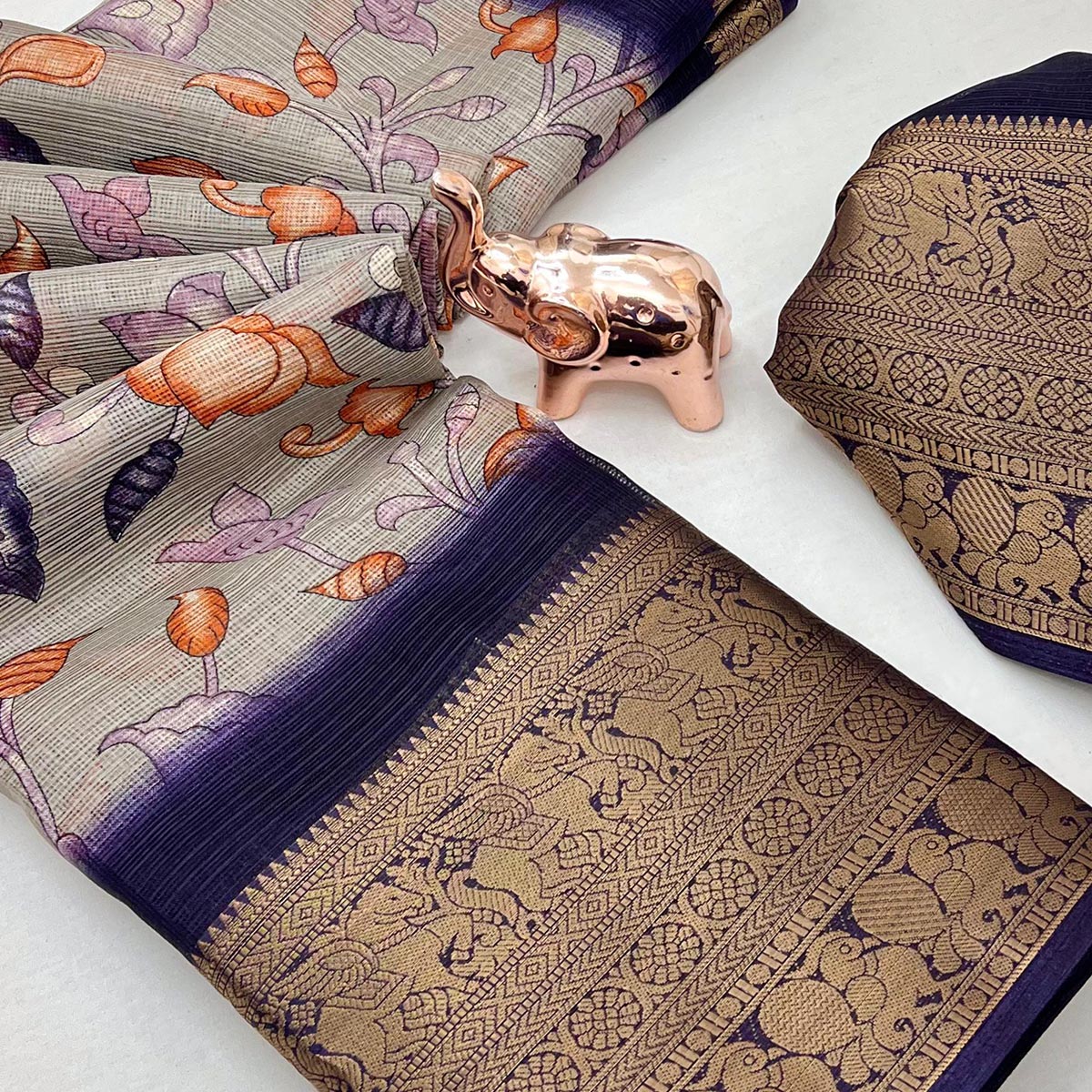 Grey Kashmiri Floral Printed Kota Doria Saree With Bandhani Pallu & Rich Zari Weaving Border