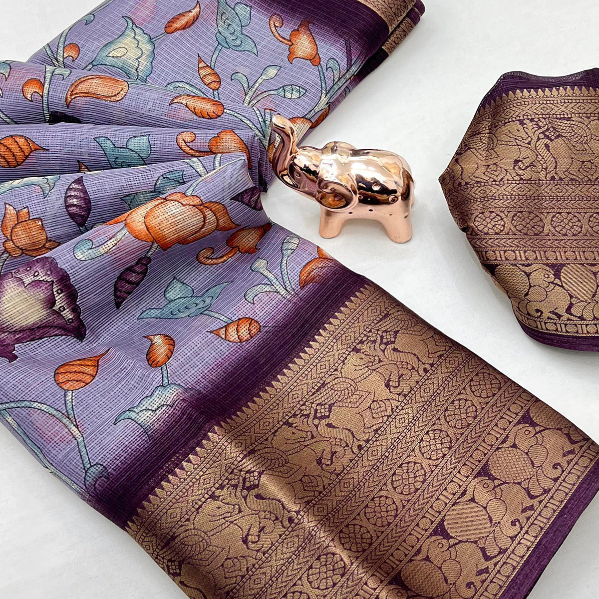 Lavender Kashmiri Floral Printed Kota Doria Saree With Bandhani Pallu & Rich Zari Weaving Border