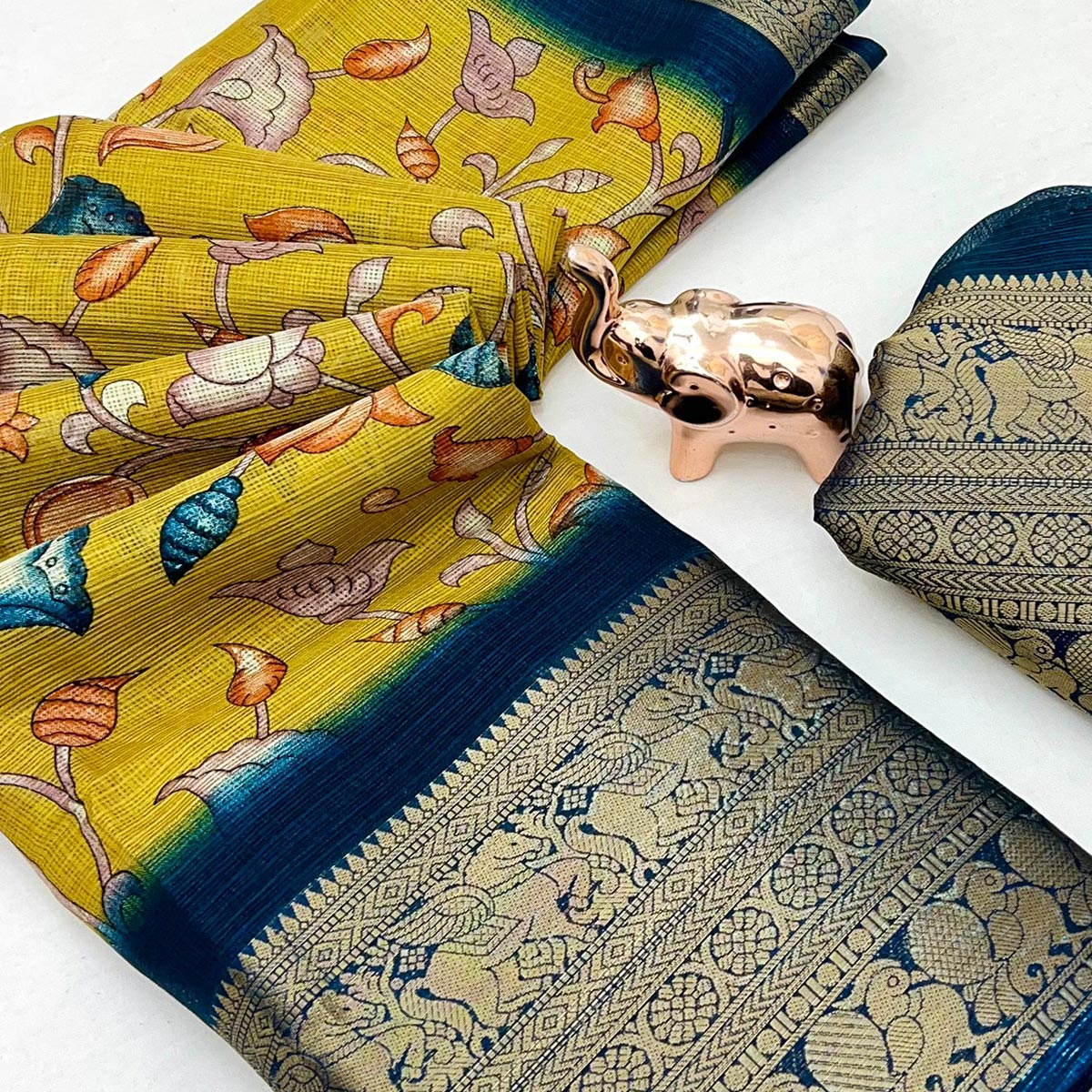 Mustard Kashmiri Floral Printed Kota Doria Saree With Bandhani Pallu & Rich Zari Weaving Border