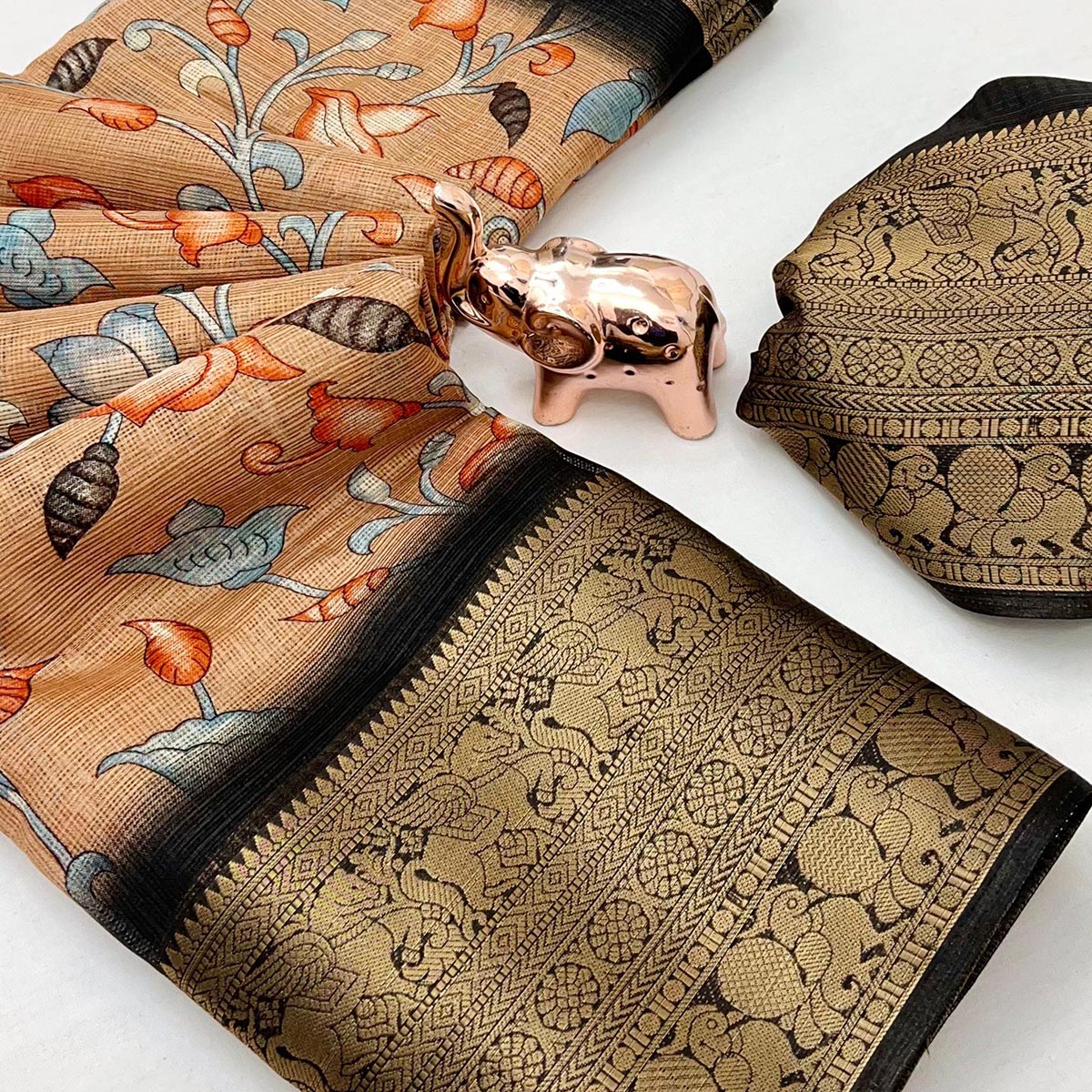 Peach Kashmiri Floral Printed Kota Doria Saree With Bandhani Pallu & Rich Zari Weaving Border