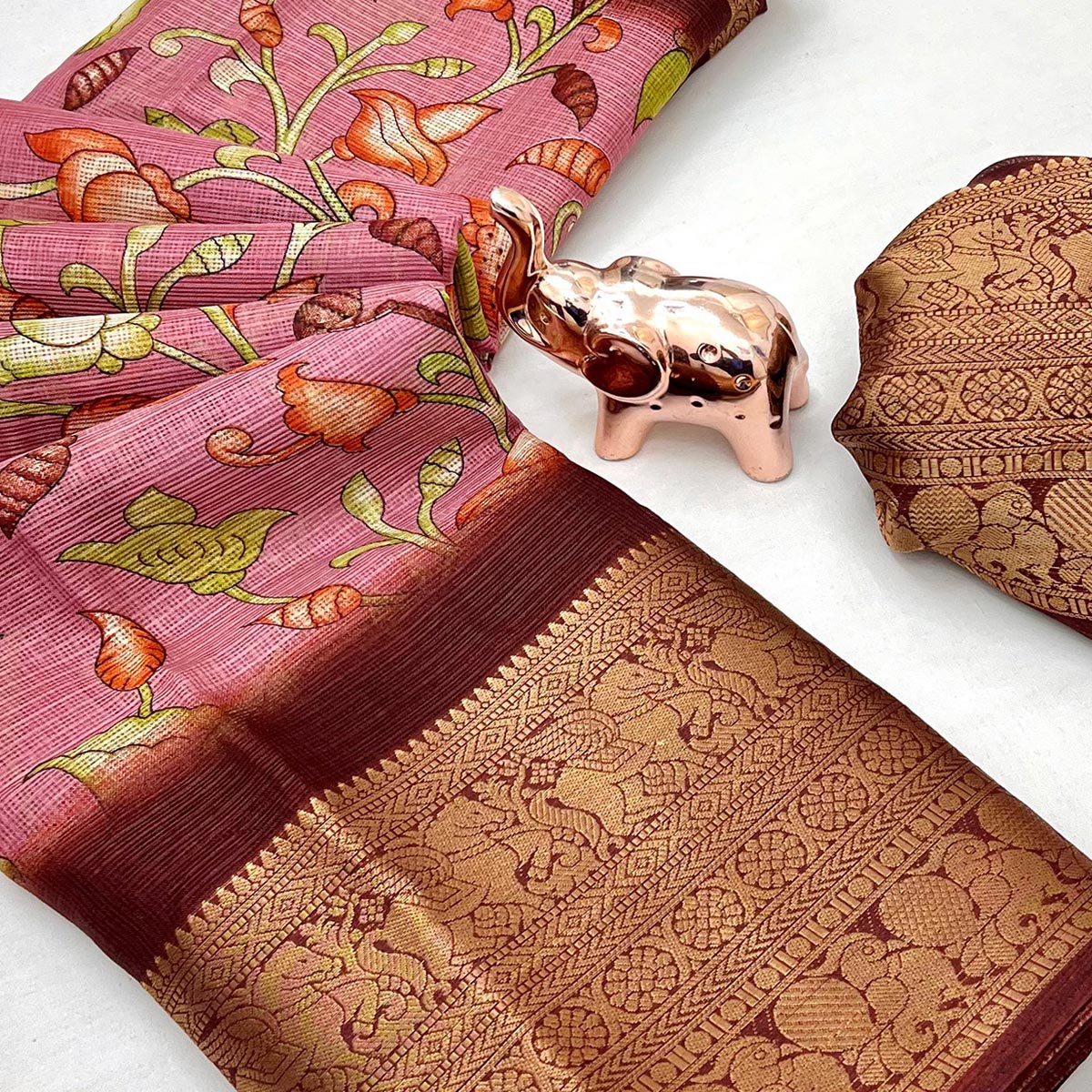 Pink Kashmiri Floral Printed Kota Doria Saree With Bandhani Pallu & Rich Zari Weaving Border