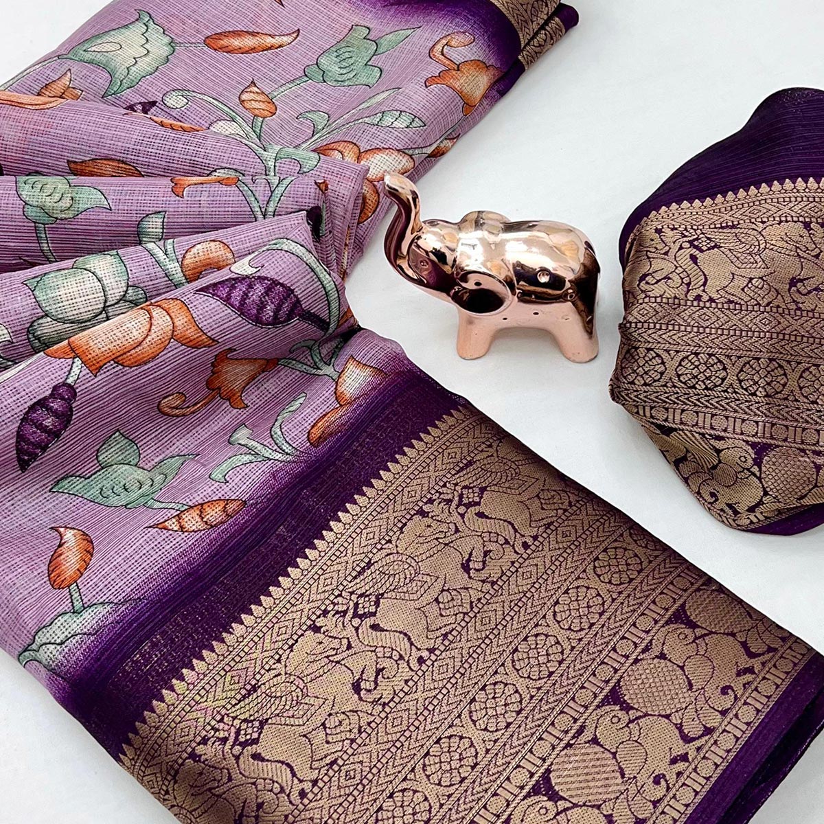 Purple Kashmiri Floral Printed Kota Doria Saree With Bandhani Pallu & Rich Zari Weaving Border