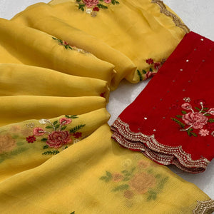 Yellow Floral Embroidered Chiffon Saree