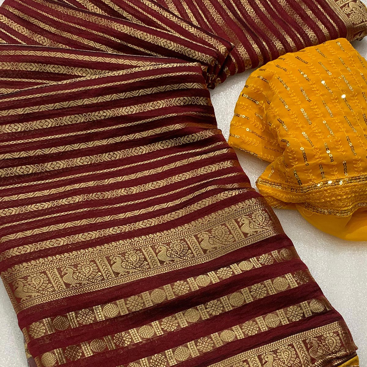 Maroon Zari Work Woven Organza Saree