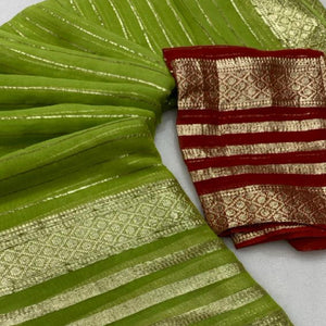 Green Striped Zari Woven Viscose Saree