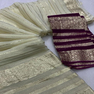 Offwhite & Purple Striped Zari Woven Viscose Saree