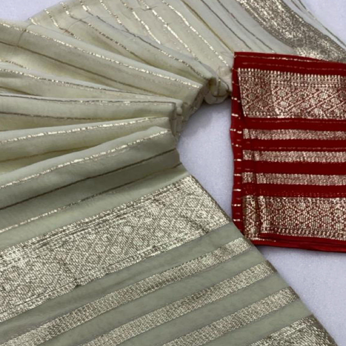 Offwhite & Red Striped Zari Woven Viscose Saree