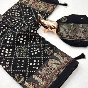 Elegant Black Bandhani Foil Printed Georgette Saree Highlighted With Soft Tassel Pallu