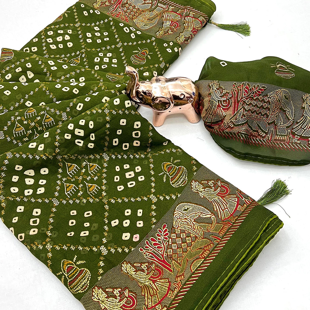 Elegant Mehendi Green Bandhani Foil Printed Georgette Saree Highlighted With Soft Tassel Pallu