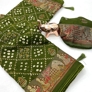 Elegant Mehendi Green Bandhani Foil Printed Georgette Saree Highlighted With Soft Tassel Pallu