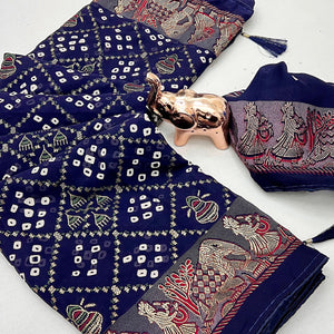 Elegant Navy Blue Bandhani Foil Printed Georgette Saree Highlighted With Soft Tassel Pallu