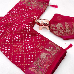 Elegant Pink Bandhani Foil Printed Georgette Saree Highlighted With Soft Tassel Pallu