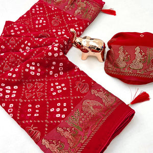Elegant Red Bandhani Foil Printed Georgette Saree Highlighted With Soft Tassel Pallu