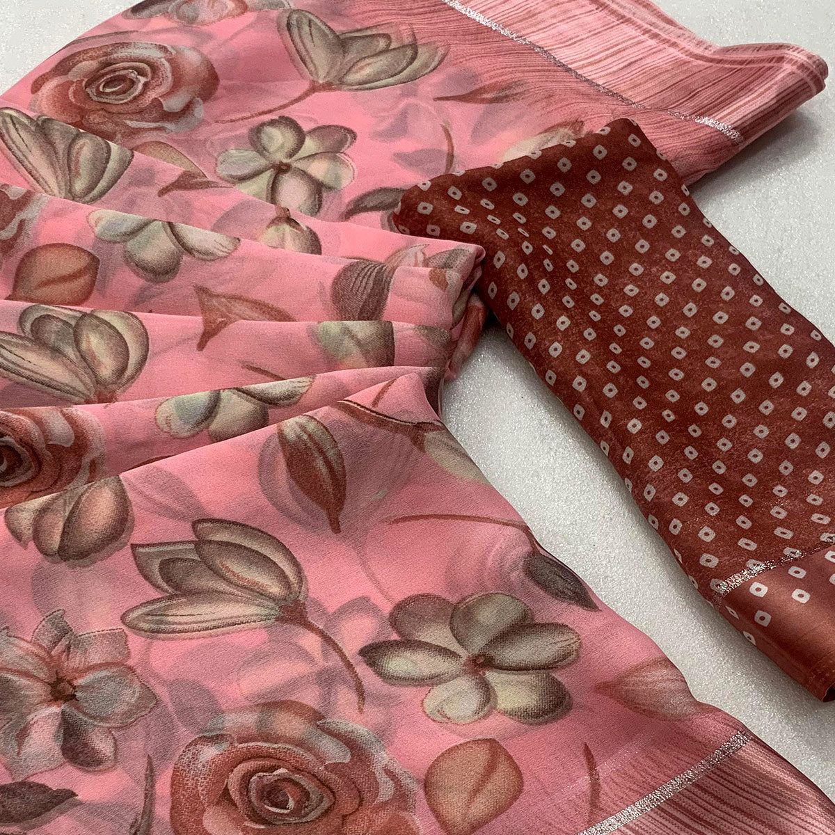 Peach Floral Printed Chiffon Saree