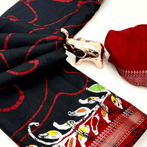 Majestic Black Batik Abstract Printed Cotton Blend Saree With Elegant Zari Weaving Border