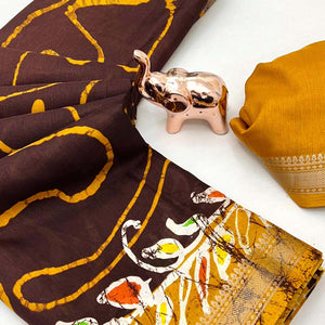 Majestic Brown Batik Abstract Printed Cotton Blend Saree With Elegant Zari Weaving Border