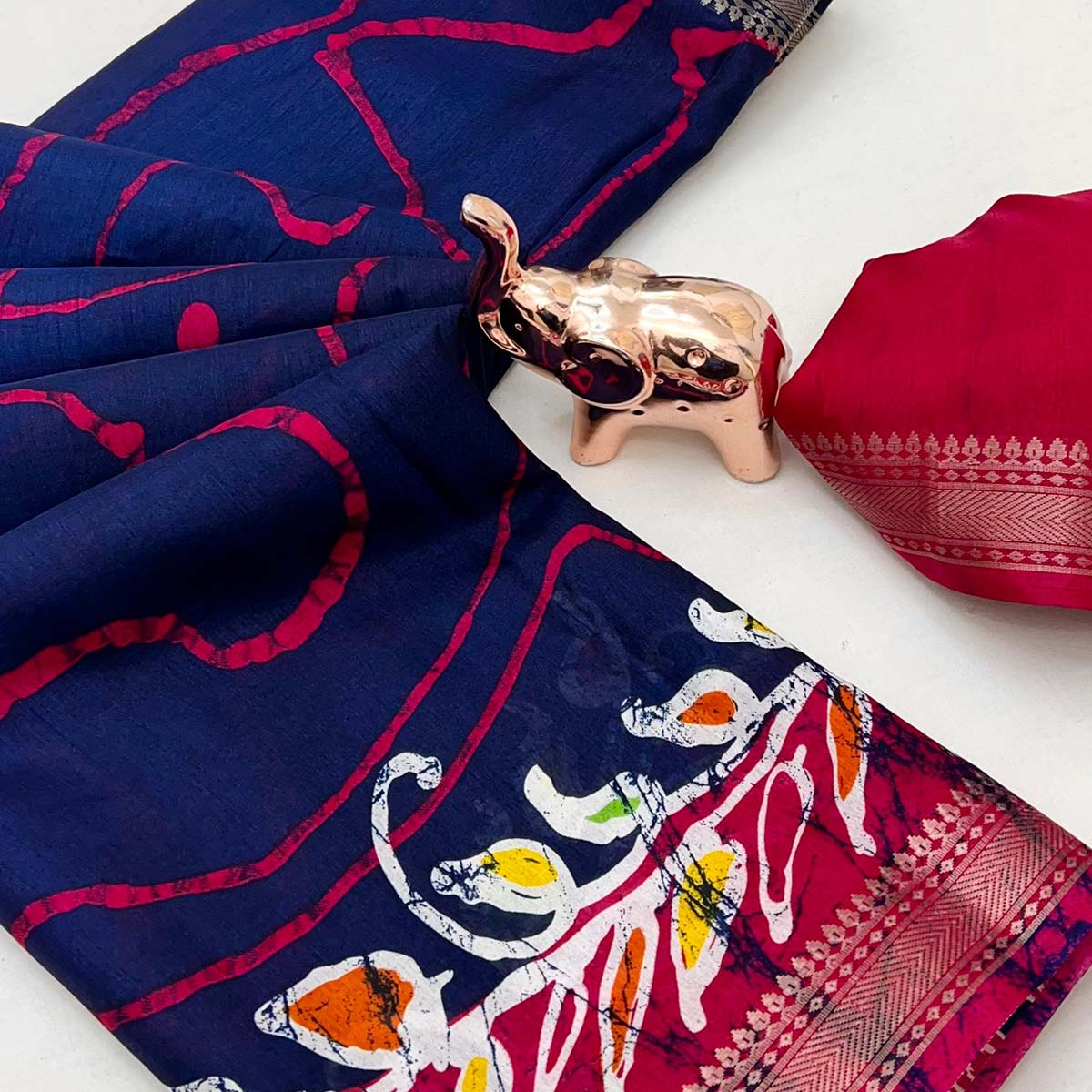 Majestic Navy Blue Batik Abstract Printed Cotton Blend Saree With Elegant Zari Weaving Border