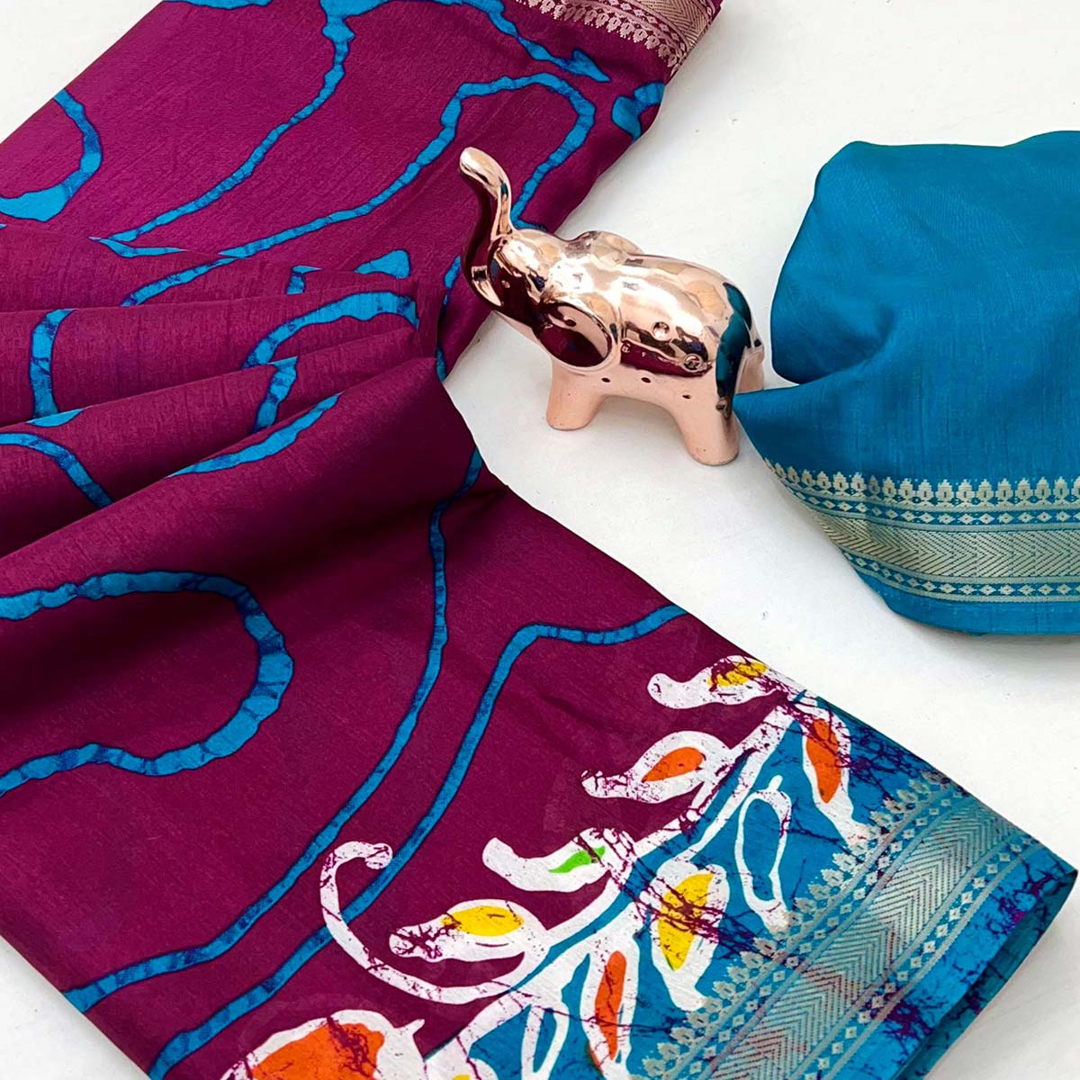 Majestic Wine Batik Abstract Printed Cotton Blend Saree With Elegant Zari Weaving Border