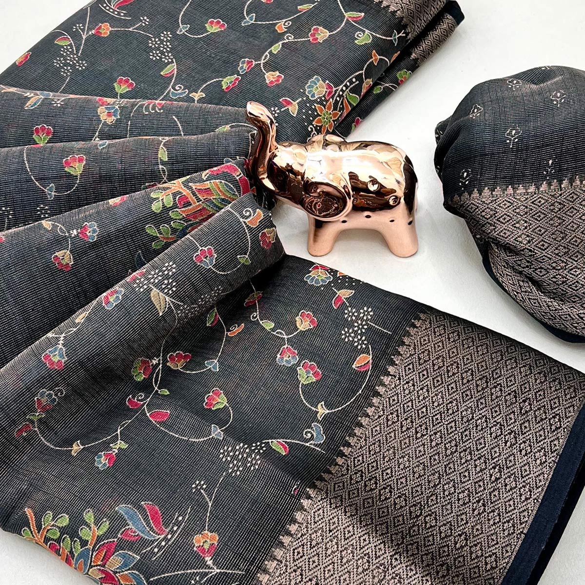 Black Floral Printed Cotton Blend Saree With Zari Woven Border