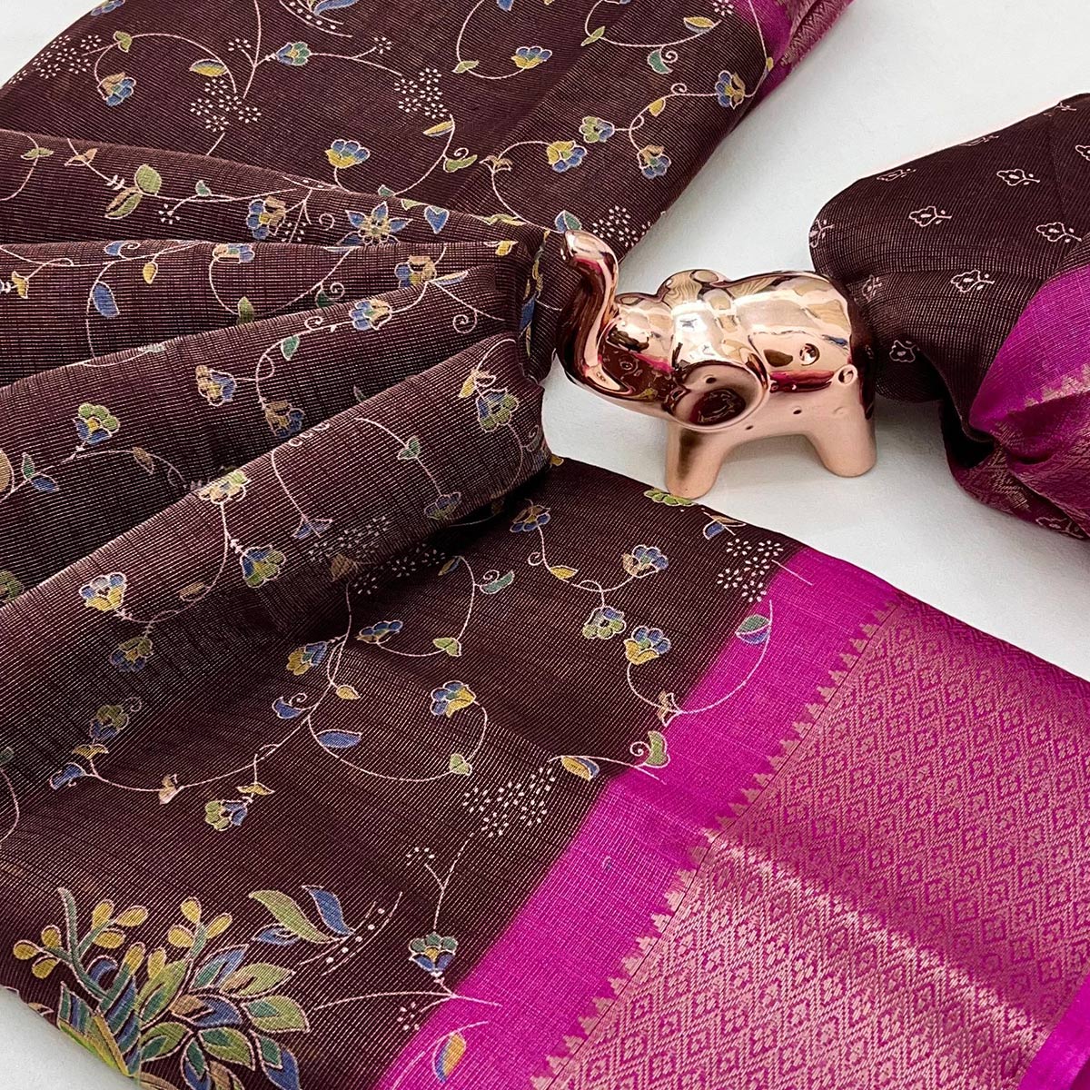 Deep Brown Floral Printed Cotton Blend Saree With Zari Woven Border