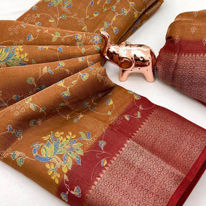 Rust Floral Printed Cotton Blend Saree With Zari Woven Border
