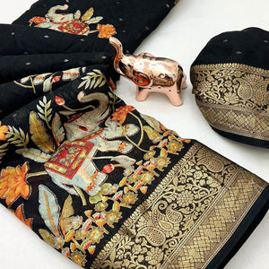 Elegant Black Elephant & Floral Printed Georgette Saree Accented With Gleaming Weaving Zari Border