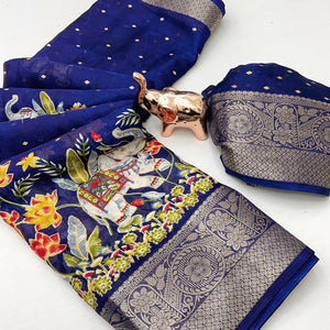 Elegant Navy Blue Elephant & Floral Printed Georgette Saree Accented With Weaving Zari Border