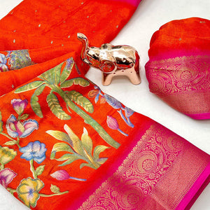 Elegant Orange Peacock & Floral Printed Georgette Saree Accented With Gleaming Weaving Zari Border