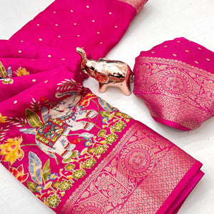 Elegant Pink Elephant & Floral Printed Georgette Saree Accented With Gleaming Weaving Zari Border