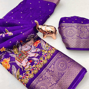 Elegant Royal Purple Elephant & Floral Printed Georgette Saree Accented With Weaving Zari Border