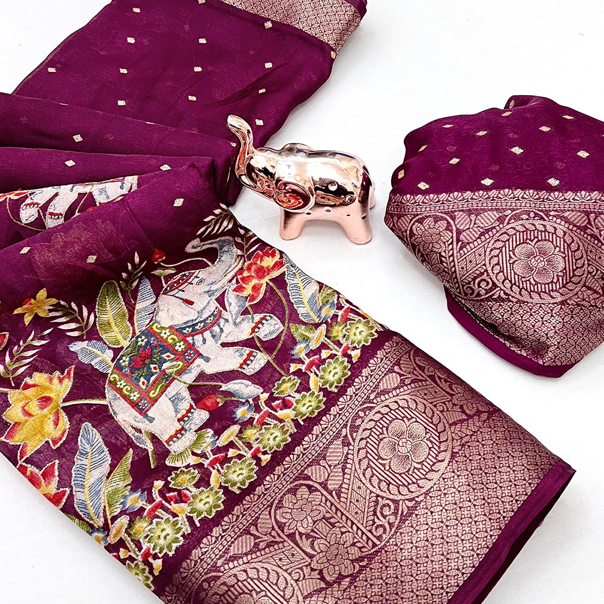 Elegant Wine Elephant & Floral Printed Georgette Saree Accented With Gleaming Weaving Zari Border