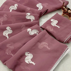 Dusty Rose Pink Georgette Saree With Intricate Bird Pattern Thread Embroidery