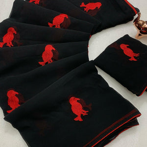 Black Georgette Saree Adorned With Elegant Bird Embroidery