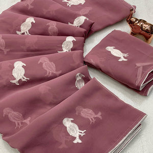 Mauve Georgette Saree Adorned With Elegant Bird Embroidery