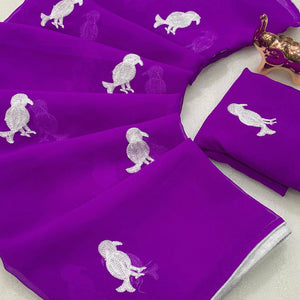 Purple Georgette Saree Adorned With Elegant Bird Embroidery