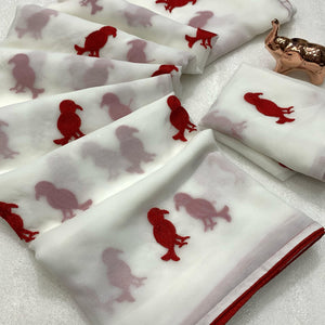 White Georgette Saree Adorned With Elegant Bird Embroidery.