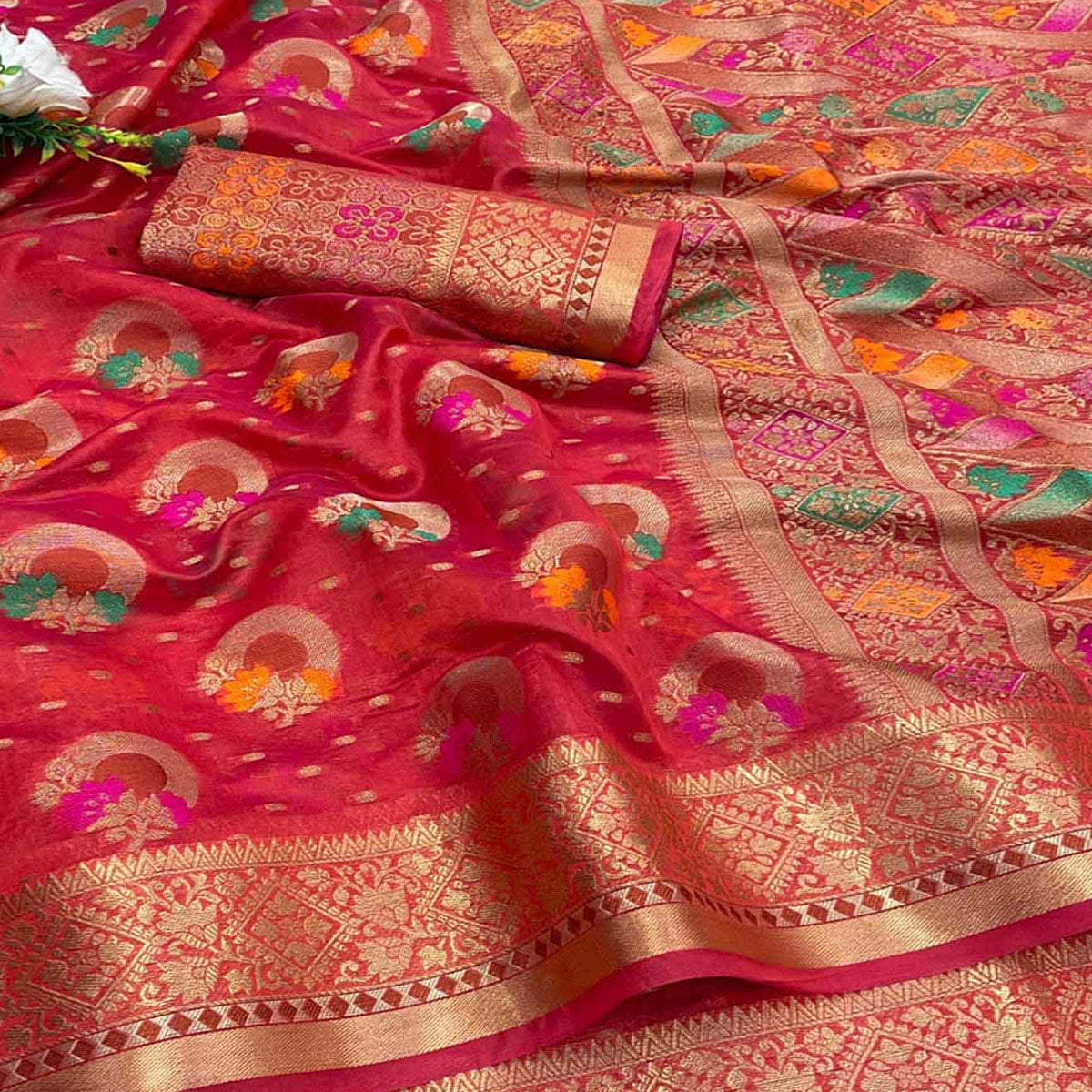 Red Woven Organza Saree with Jacquard Border